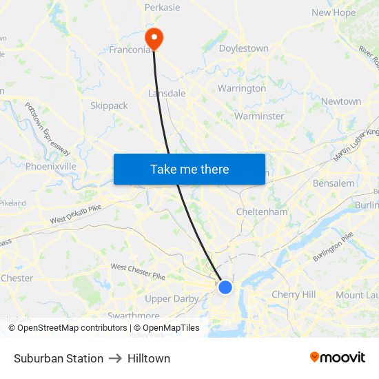 Suburban Station to Hilltown map