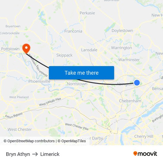 Bryn Athyn to Limerick map