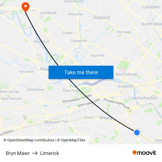 Bryn Mawr to Limerick map