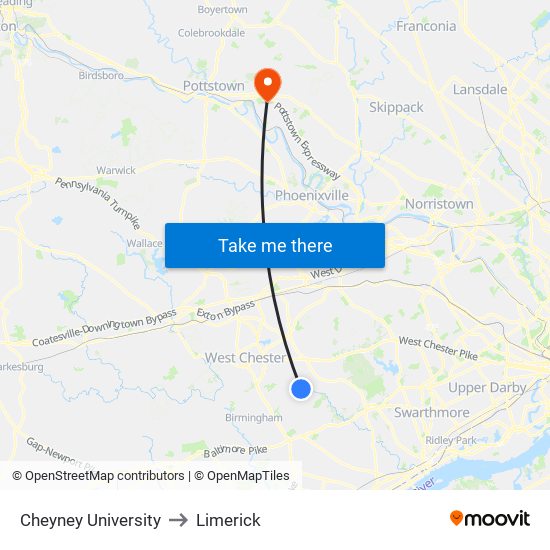 Cheyney University to Limerick map