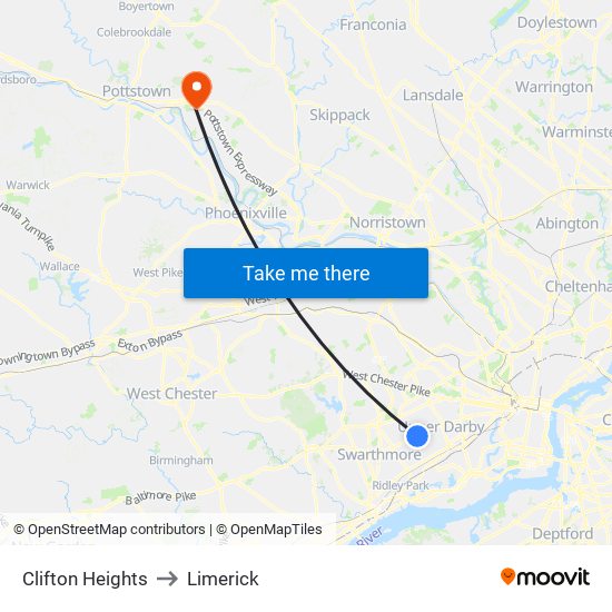 Clifton Heights to Limerick map