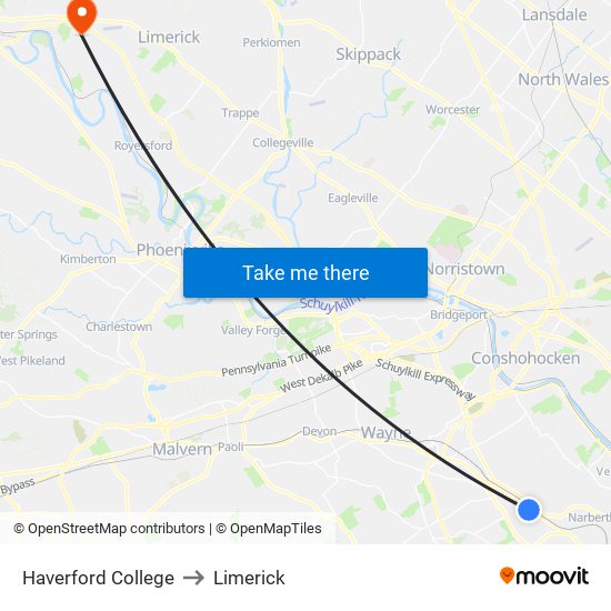 Haverford College to Limerick map