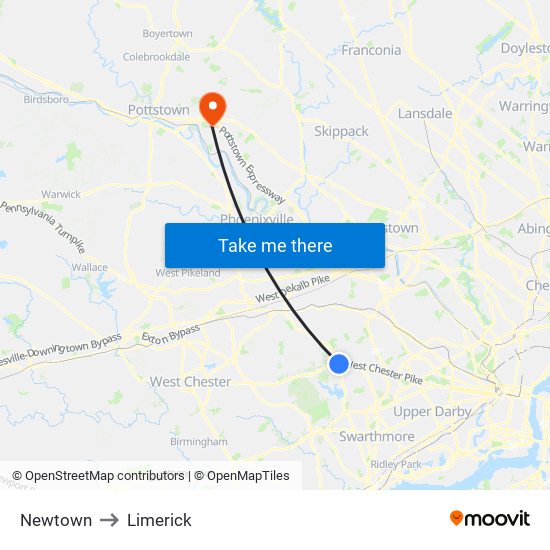 Newtown to Limerick map