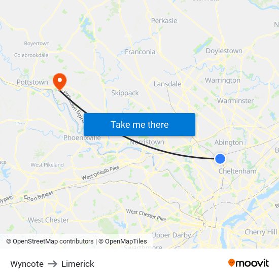 Wyncote to Limerick map