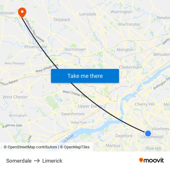 Somerdale to Limerick map