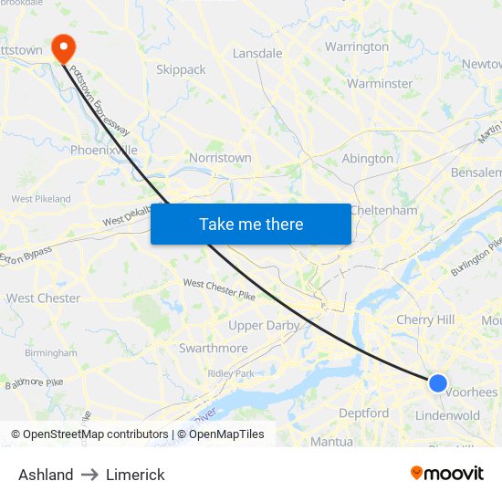 Ashland to Limerick map