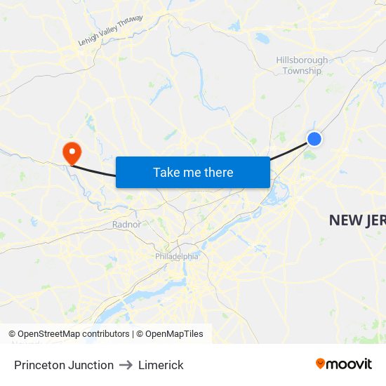 Princeton Junction to Limerick map