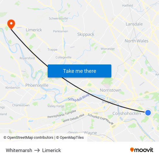 Whitemarsh to Limerick map