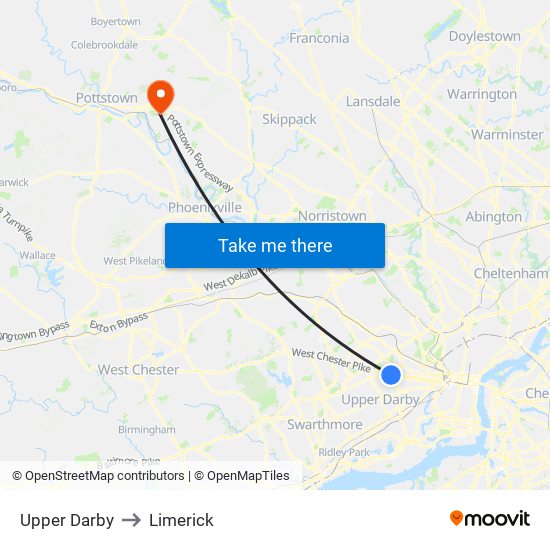 Upper Darby to Limerick map