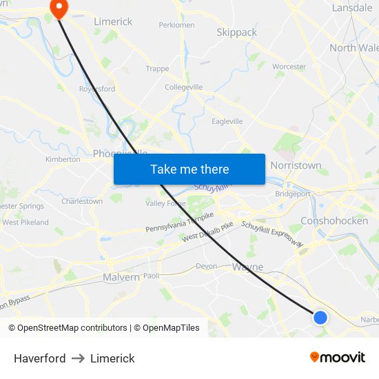 Haverford to Limerick map