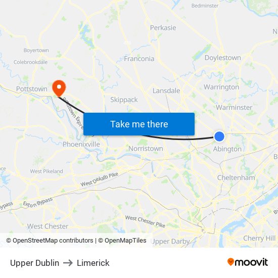 Upper Dublin to Limerick map