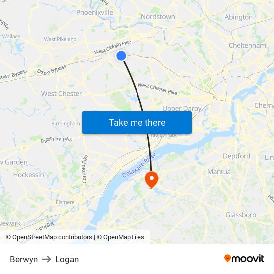 Berwyn to Logan map