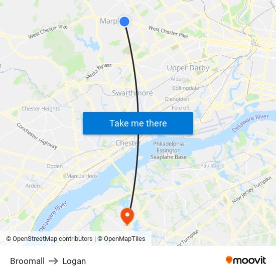 Broomall to Logan map