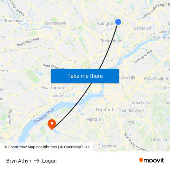 Bryn Athyn to Logan map