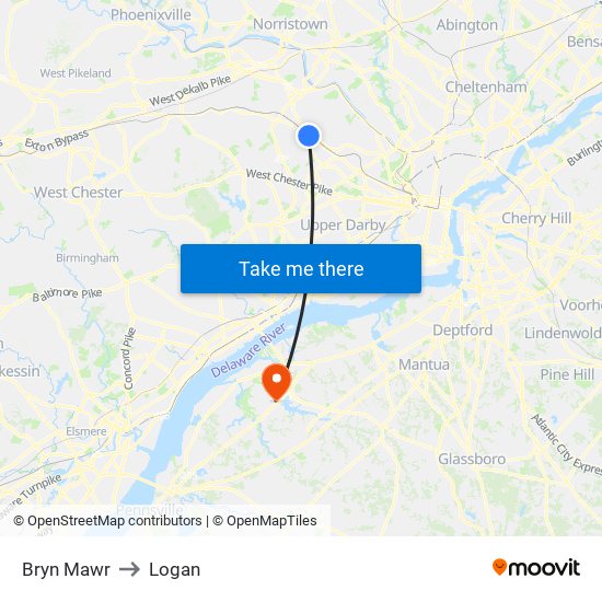 Bryn Mawr to Logan map