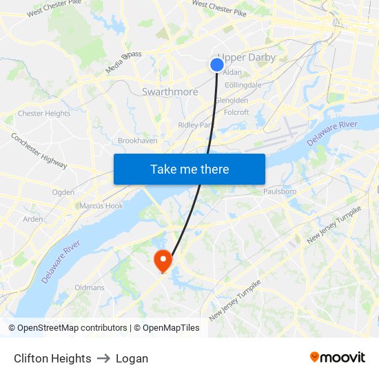 Clifton Heights to Logan map