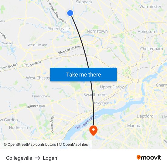 Collegeville to Logan map