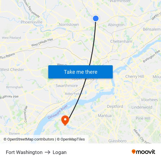 Fort Washington to Logan map