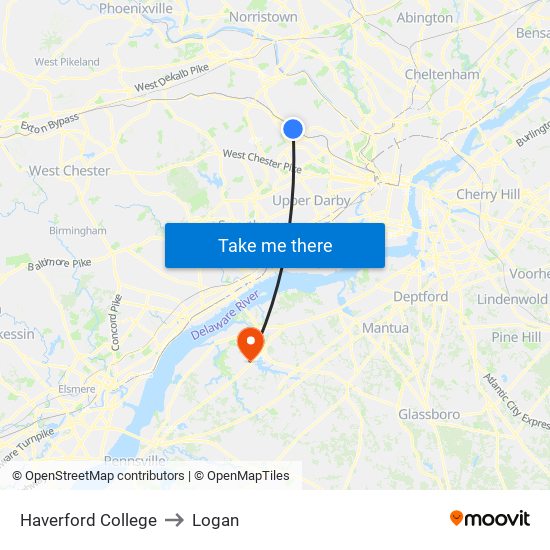 Haverford College to Logan map