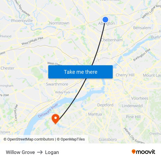 Willow Grove to Logan map