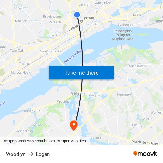 Woodlyn to Logan map