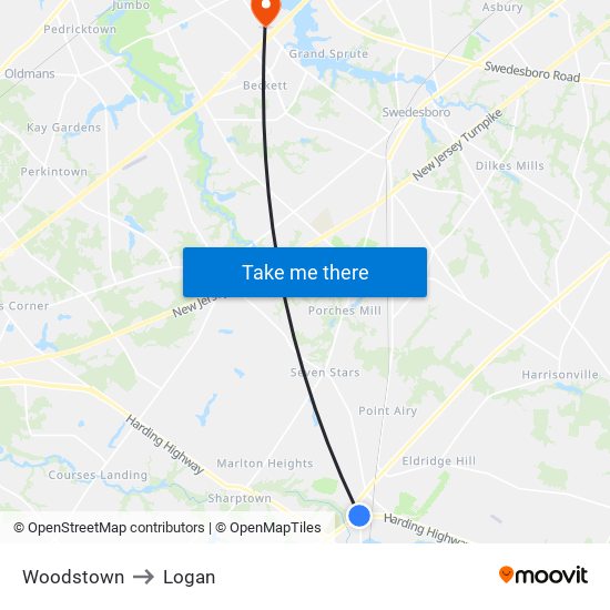 Woodstown to Logan map