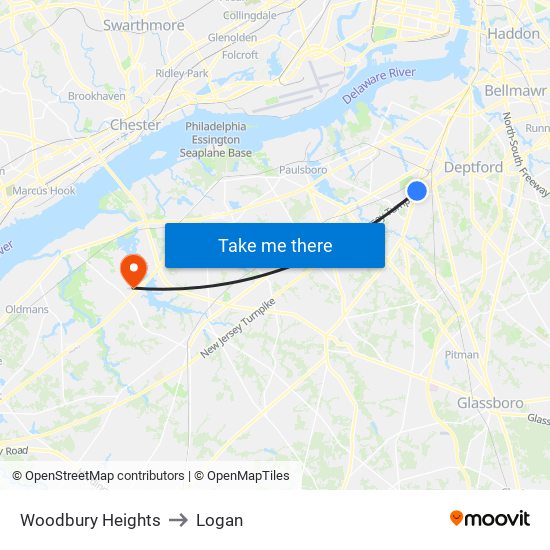 Woodbury Heights to Logan map