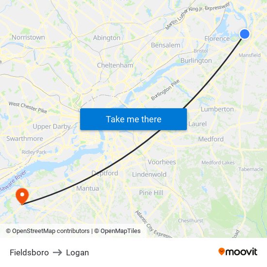 Fieldsboro to Logan map