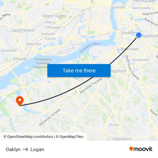 Oaklyn to Logan map