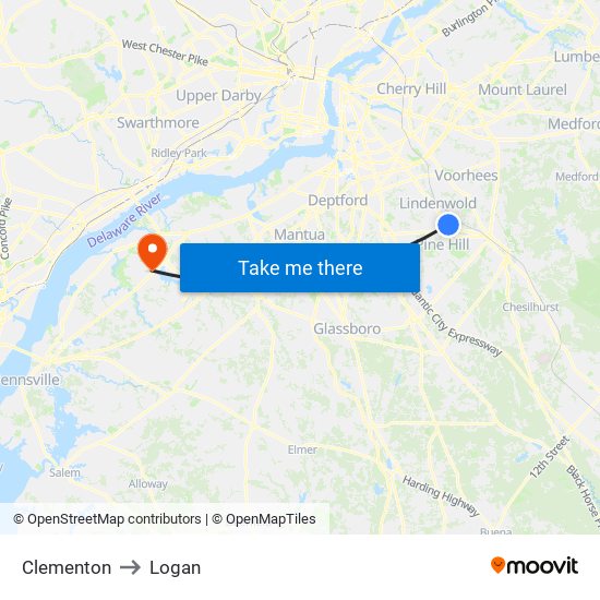 Clementon to Logan map