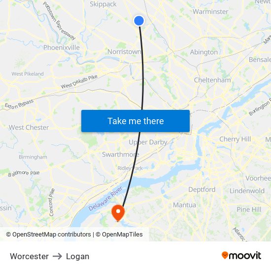 Worcester to Logan map