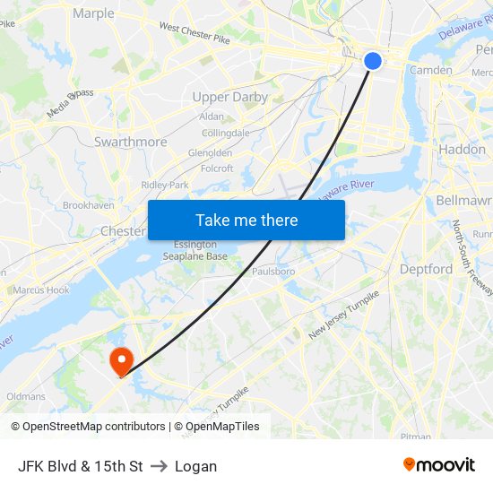 JFK Blvd & 15th St to Logan map