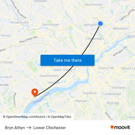 Bryn Athyn to Lower Chichester map