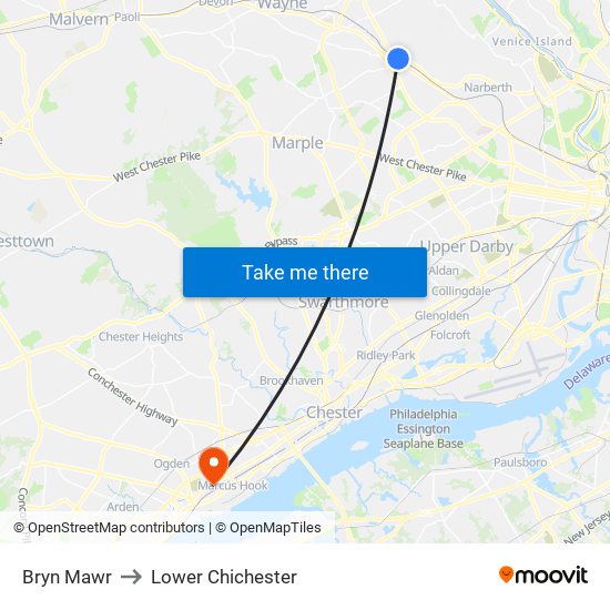 Bryn Mawr to Lower Chichester map