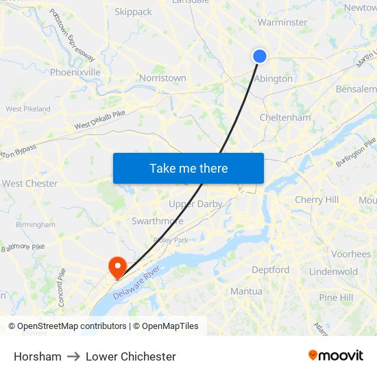 Horsham to Lower Chichester map