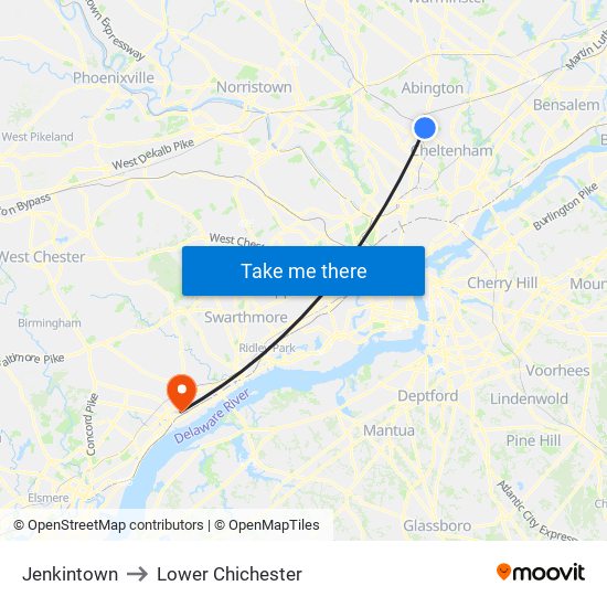 Jenkintown to Lower Chichester map