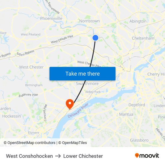 West Conshohocken to Lower Chichester map