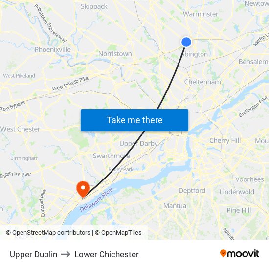 Upper Dublin to Lower Chichester map