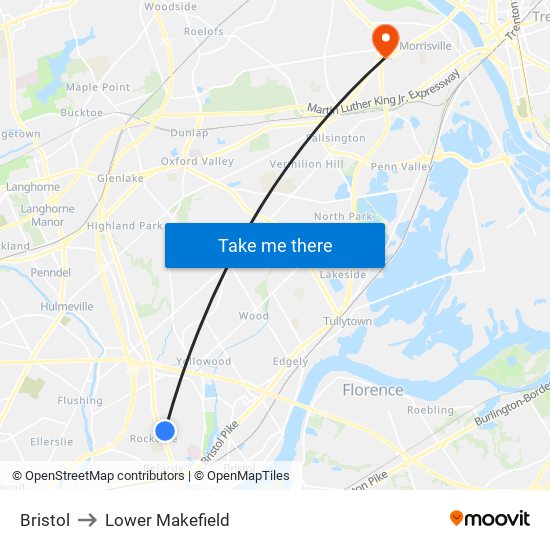 Bristol to Lower Makefield map