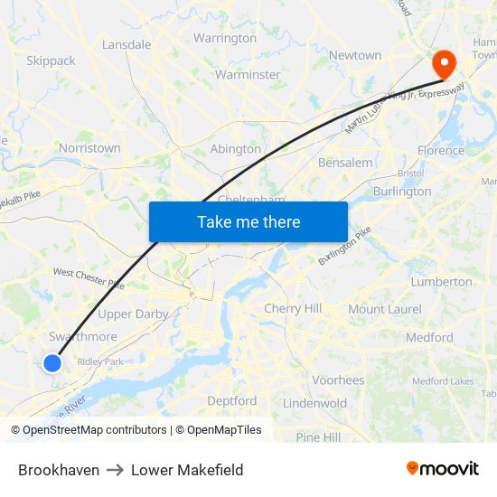 Brookhaven to Lower Makefield map