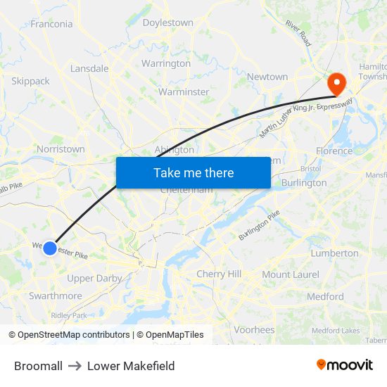 Broomall to Lower Makefield map
