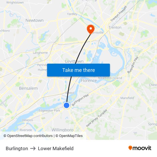 Burlington to Lower Makefield map