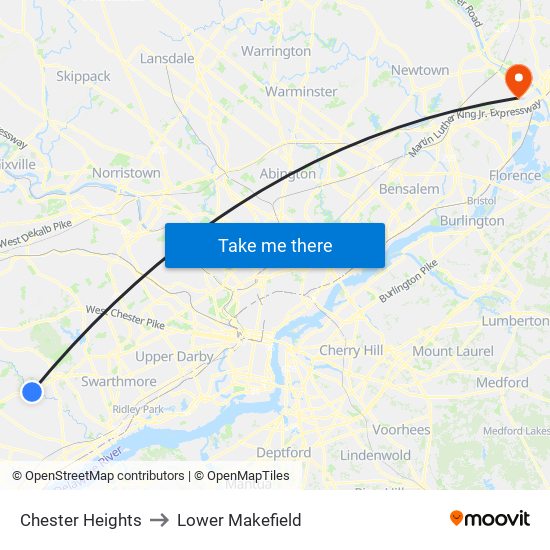 Chester Heights to Lower Makefield map