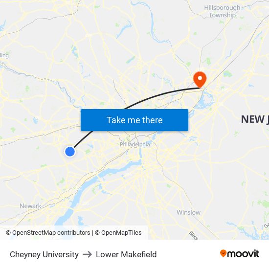 Cheyney University to Lower Makefield map