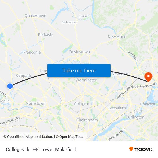 Collegeville to Lower Makefield map