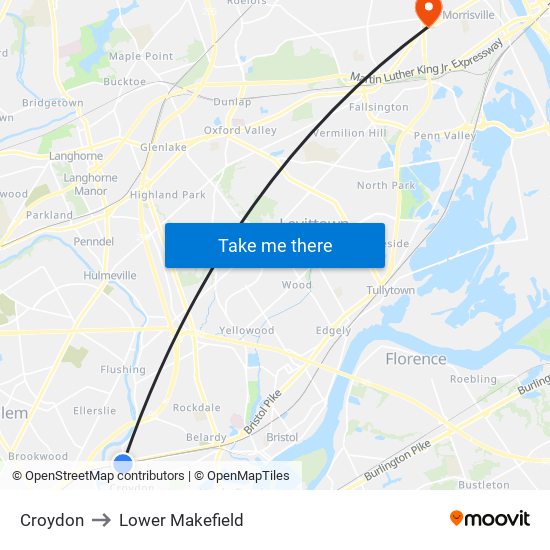 Croydon to Lower Makefield map