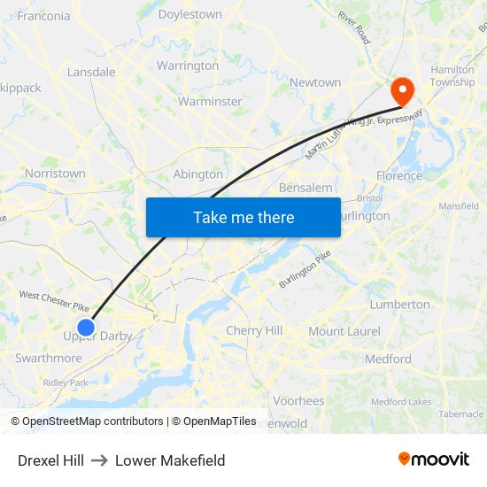 Drexel Hill to Lower Makefield map