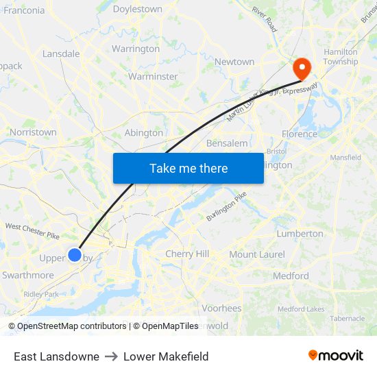 East Lansdowne to Lower Makefield map