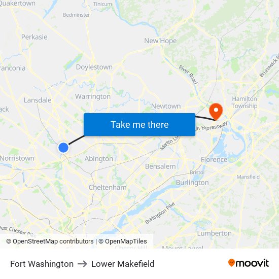 Fort Washington to Lower Makefield map