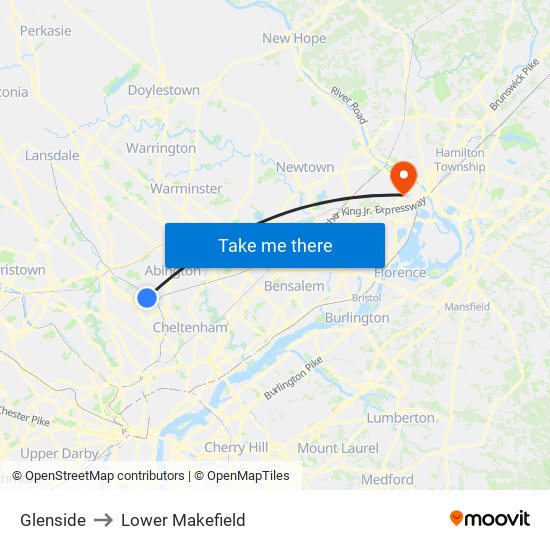 Glenside to Lower Makefield map